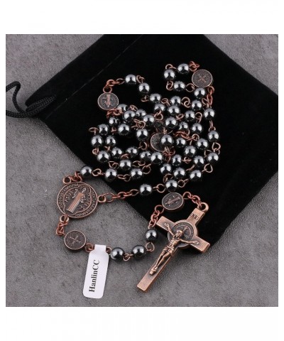 6mm Hematite Stone Black Beads with Antique Copper Plated St.Benedict Center Piece Medal and Crucifix Cross Catholic Rosary N...