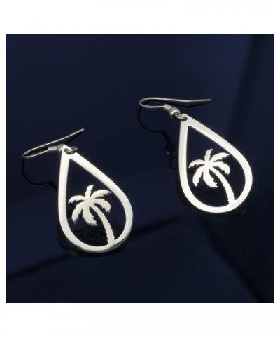 Fashion Silver Stainless Steel Coconut Palm Tree Dangle Earrings, Tropical Coconut Palm Tree Cut Out Earring Summer Beach The...