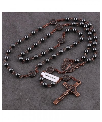 6mm Hematite Stone Black Beads with Antique Copper Plated St.Benedict Center Piece Medal and Crucifix Cross Catholic Rosary N...