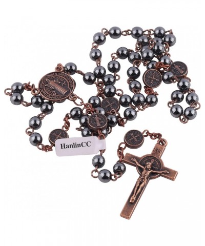 6mm Hematite Stone Black Beads with Antique Copper Plated St.Benedict Center Piece Medal and Crucifix Cross Catholic Rosary N...