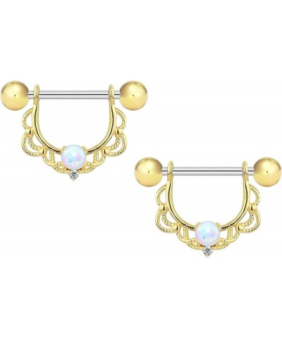 14g-16g Surgical Steel Synthetic Opal Partial Nipple Shield Filigree Barbell Set 14G - 14k Gold Plated $10.75 Body Jewelry