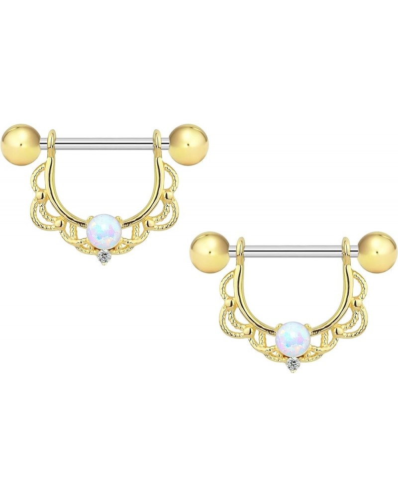 14g-16g Surgical Steel Synthetic Opal Partial Nipple Shield Filigree Barbell Set 14G - 14k Gold Plated $10.75 Body Jewelry