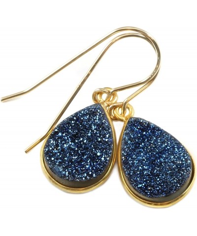 Drusy Earrings Peacock Blue Druzy Teardrop Goldtone Bezel Set Simple Dainty Drops Yellow Gold $18.40 Earrings