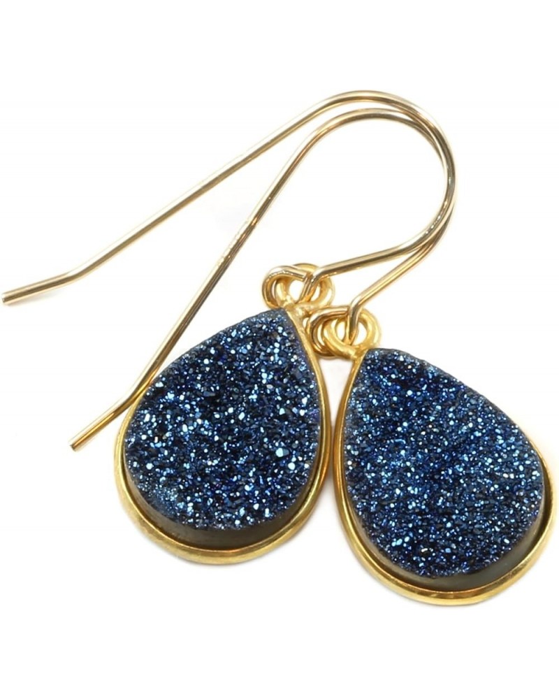 Drusy Earrings Peacock Blue Druzy Teardrop Goldtone Bezel Set Simple Dainty Drops Yellow Gold $18.40 Earrings