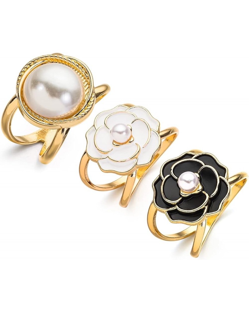 3PCS Elegant Pearl Floral Scarf Ring Clip Camellia Flower Scarf Buckle for Women Scarf Ring Buckle Women Fashion Metal Shawl ...