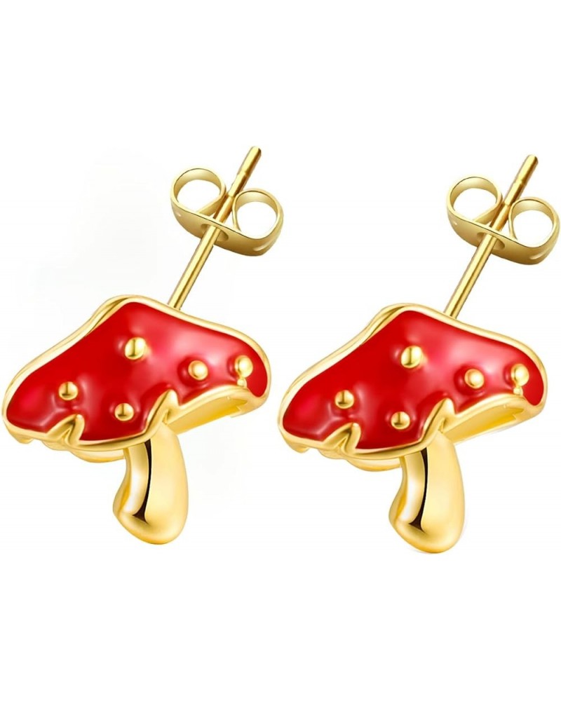 Green Frog Red Mushroom Stud-Earrings for Women-Girls - Gold/Silver Plated Aesthetics Cute Single Small Frog and Mushroom Asy...