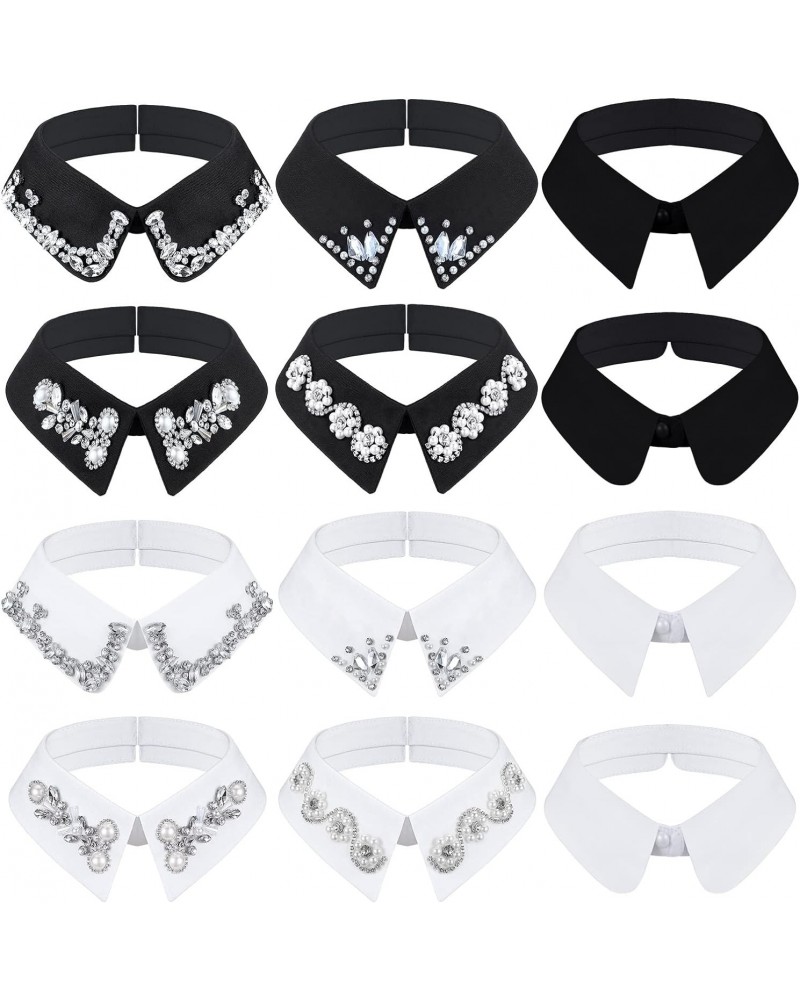 12 Pcs Rhinestone Collar for Women Detachable Dickey Collar Fake Collar Pearl Half Shirt Blouse Faux Collar, White Black Colo...