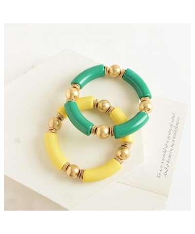 Gold Plated Beaded Acrylic Bamboo Tube Bangle Bracelets for Women, Colorful Chunky Curved Tube With Gold Pieces Beads Stretch...