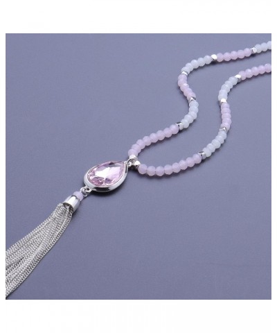 Pink Red Gray Champagne Blue Green Crystal Beaded Long Tassel Necklace for Women Girls Pink Tassel $10.63 Necklaces