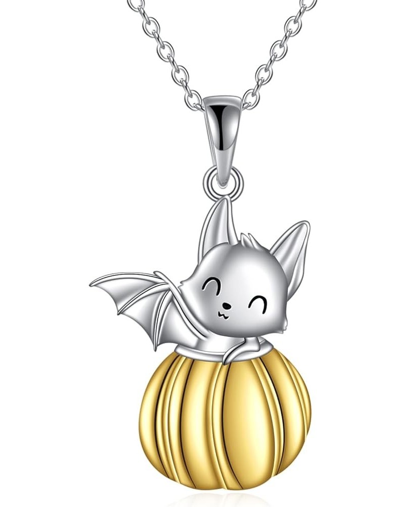 Bat Necklace Sterling Silver Bat with Pumpkin Pendant Necklace Halloween Necklace Bat Pumpkin Jewelry Halloween Gifts for Wom...