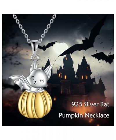 Bat Necklace Sterling Silver Bat with Pumpkin Pendant Necklace Halloween Necklace Bat Pumpkin Jewelry Halloween Gifts for Wom...