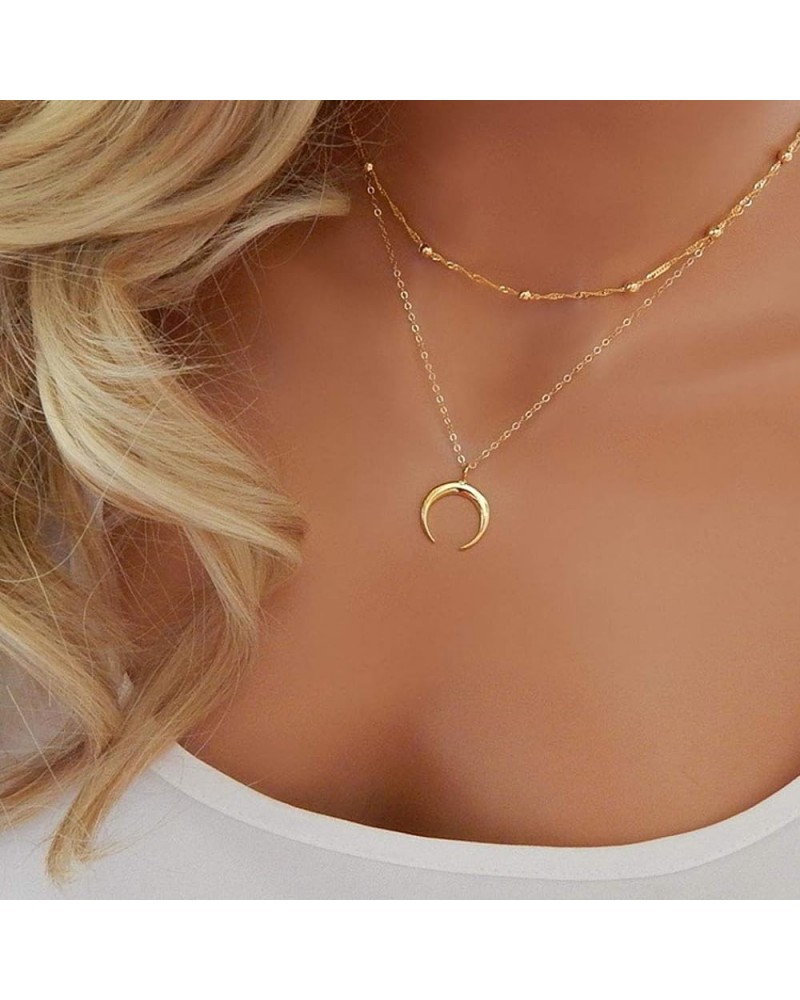 Boho Layered Necklace Choker Crescent Moon Pendant Necklace Bead Horn Clavicle Necklaces Chain Jewelry for Women and Girls Go...