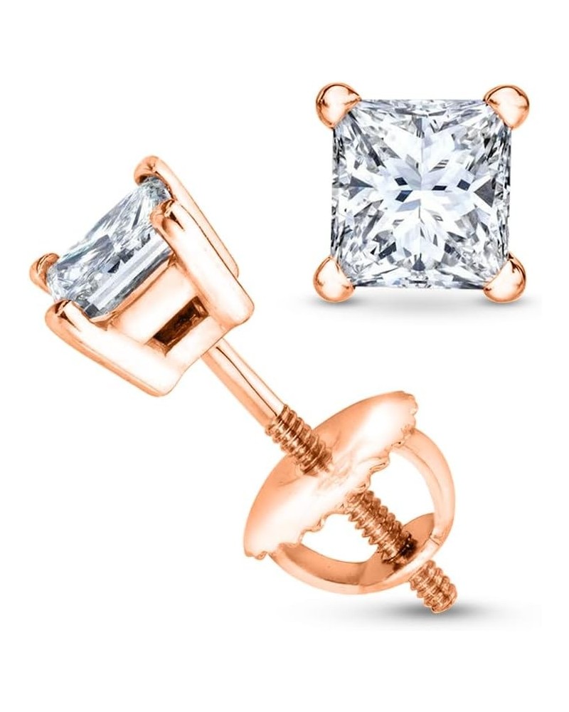 1/2-2 Carat Total Weight Princess Diamond Stud Earrings 4 Prong Screw Back (I-J Color I1-I2 Clarity) 0.25 Carat 14K Rose Gold...