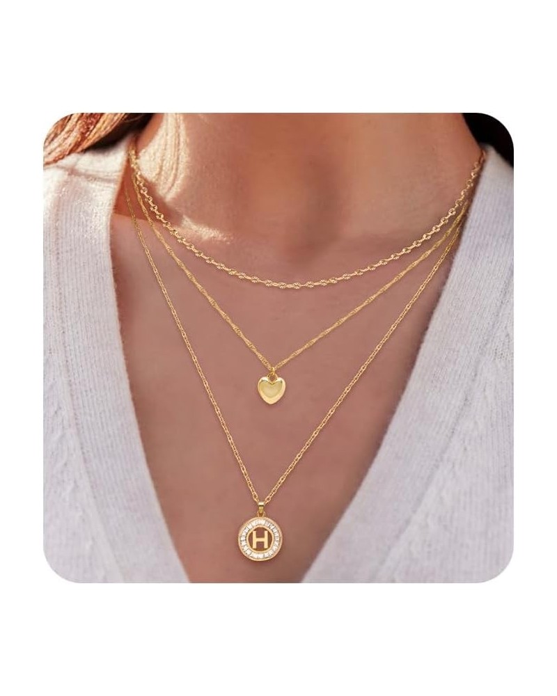 Layered Initial Necklaces for Women,Dainty Gold Necklace 16K Real Gold Plated Simple Heart Pendant CZ Diamond Initial Choker ...