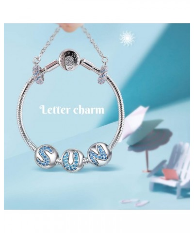 Alphabet Charm Initial A-Z Letter Charm Bead in 925 Sterling Silver with 5A Blue CZ fit European Bracelet Necklace for Birthd...