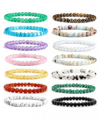 14Pcs Gemstone 6mm Semi Precious Round Beaded Bracelet Set For Women Men Girl Crystal Healing Stretch Stone Bead Energy Brace...