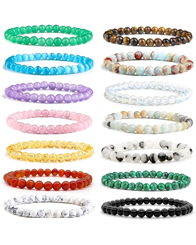 14Pcs Gemstone 6mm Semi Precious Round Beaded Bracelet Set For Women Men Girl Crystal Healing Stretch Stone Bead Energy Brace...