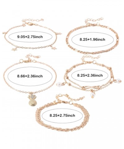 5pcs Gold Ankle Bracelets for Women, Gold Star Tassels Pearls Pineapple Pendant Bracelets Link Chain Anklets Set Gold Anklets...