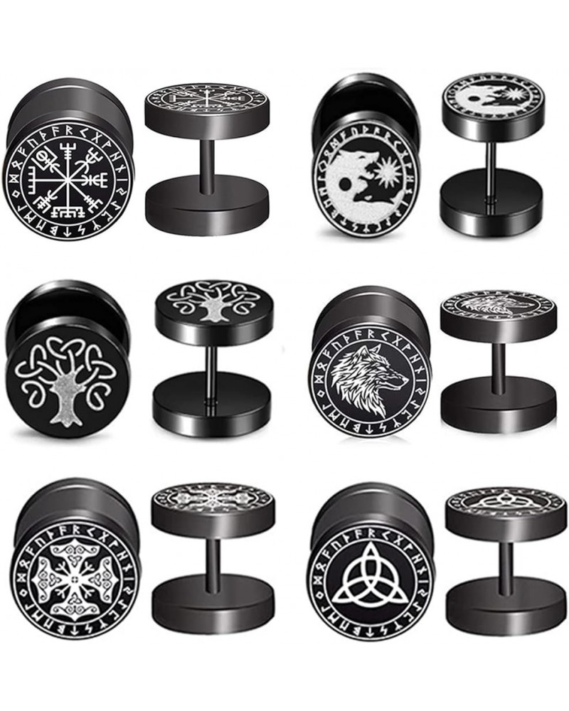 6 Pairs 4-14mm Black Earrings for Men Women Fake Gauges Fake Earrings Stainless Steel Earrings Set E-Viking Stud-1 $10.82 Ear...