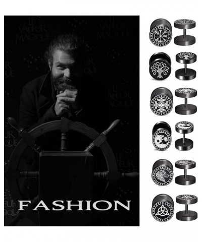 6 Pairs 4-14mm Black Earrings for Men Women Fake Gauges Fake Earrings Stainless Steel Earrings Set E-Viking Stud-1 $10.82 Ear...