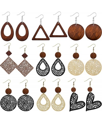 9Pairs Boho Wooden Earrings for Women Geometric Wood Dangle Earrings Retro Hollow Out Wooden Leather Earrings Lightweight Tea...