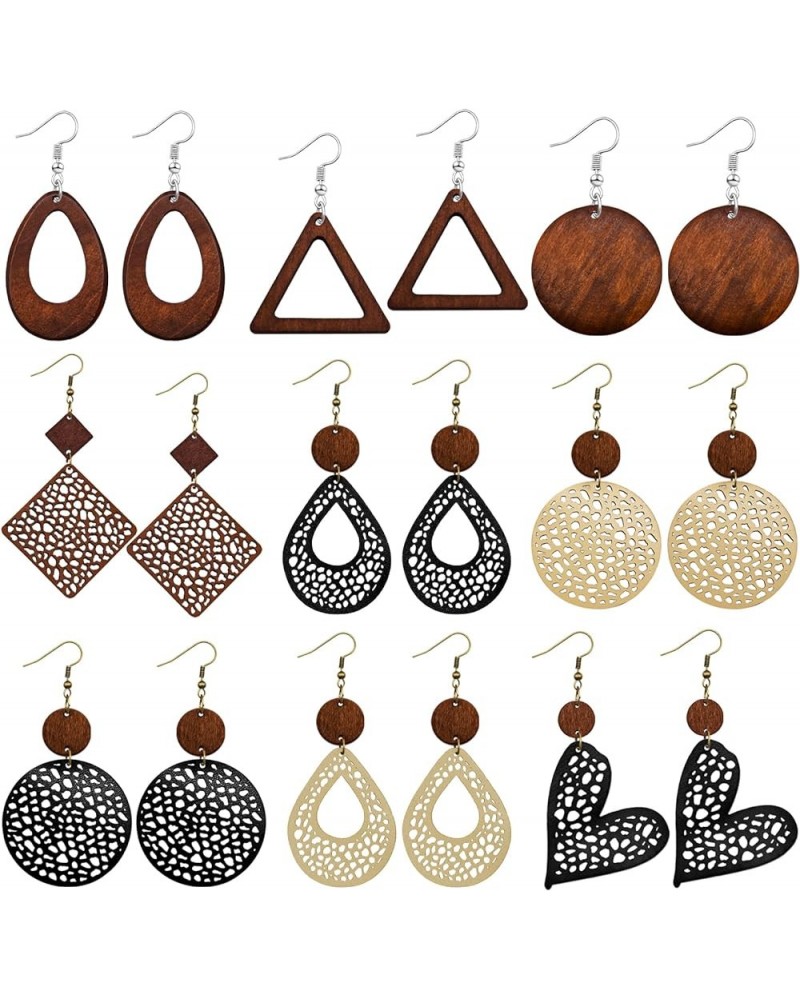 9Pairs Boho Wooden Earrings for Women Geometric Wood Dangle Earrings Retro Hollow Out Wooden Leather Earrings Lightweight Tea...