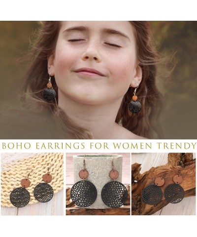 9Pairs Boho Wooden Earrings for Women Geometric Wood Dangle Earrings Retro Hollow Out Wooden Leather Earrings Lightweight Tea...