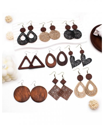 9Pairs Boho Wooden Earrings for Women Geometric Wood Dangle Earrings Retro Hollow Out Wooden Leather Earrings Lightweight Tea...