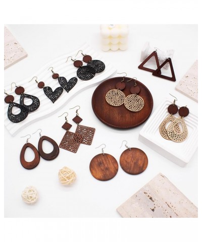 9Pairs Boho Wooden Earrings for Women Geometric Wood Dangle Earrings Retro Hollow Out Wooden Leather Earrings Lightweight Tea...