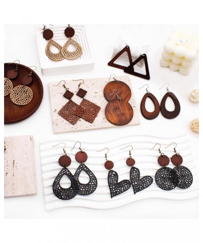 9Pairs Boho Wooden Earrings for Women Geometric Wood Dangle Earrings Retro Hollow Out Wooden Leather Earrings Lightweight Tea...