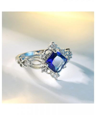 Vintage Blue Filigree Openwork Swiss Blue CZ Cubic Zirconia Ring, Fashion Square Cut Faux Sapphire Topaz Jewelry Gift for Wom...