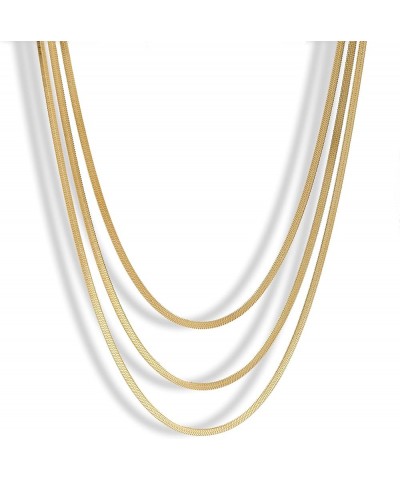 14k Real Gold Plated Non-Tarnish Layered Herringbone Figaro Chain Flat Snake Chain Gold Necklaces Set For Women Girls Gold 3 ...