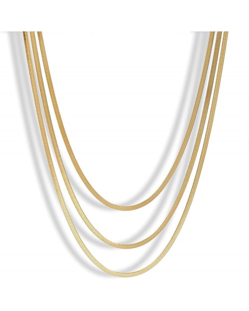 14k Real Gold Plated Non-Tarnish Layered Herringbone Figaro Chain Flat Snake Chain Gold Necklaces Set For Women Girls Gold 3 ...