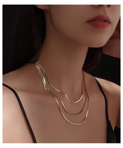 14k Real Gold Plated Non-Tarnish Layered Herringbone Figaro Chain Flat Snake Chain Gold Necklaces Set For Women Girls Gold 3 ...