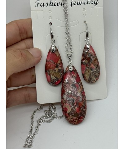 Teardrop Sea Sediment Imperial Jasper Natural Stone Gemstone Necklace Pendant & Drop Dangle Hook Earrings Jewelry Set For Wom...