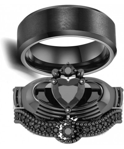 Couple Ring Bridal Set His Hers Black Claddagh Ring Heart Shape Rhinestone Stacking Irish Ring Stainless Steel Wedding Ring B...