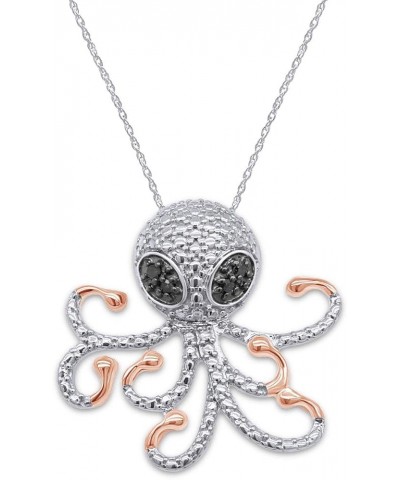 Jewel Zone US Black Natural Diamond Accent Beaded Octopus Pendant Necklace in 14K Tri Tone Gold Over Sterling Silver white-go...