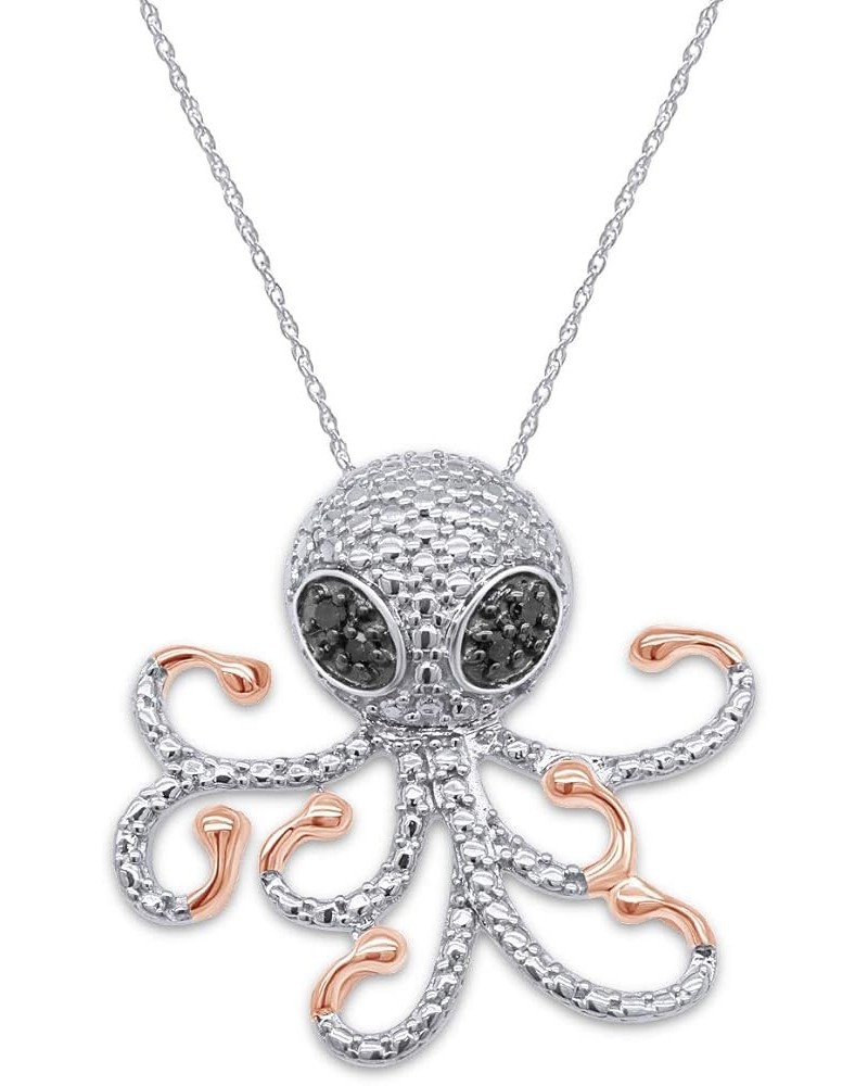 Jewel Zone US Black Natural Diamond Accent Beaded Octopus Pendant Necklace in 14K Tri Tone Gold Over Sterling Silver white-go...