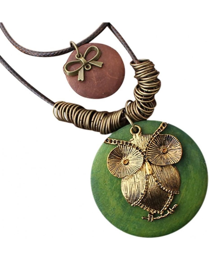 Vintage Necklace Wooden Pendant Long Necklaces for Women Boho Ethnic Style Handmade Jewelry C Owl Green $7.66 Necklaces