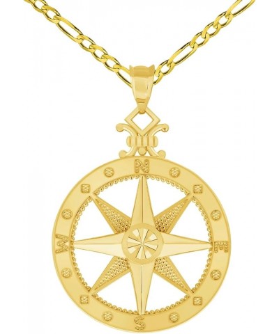 14k Yellow Gold Large Compass Wind Rose Pendant with Rolo Cable, Cuban Curb, or Figaro Chain Necklace 16.0 Inches Figaro Chai...