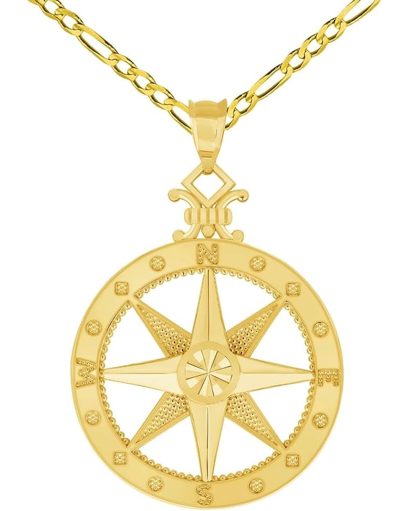 14k Yellow Gold Large Compass Wind Rose Pendant with Rolo Cable, Cuban Curb, or Figaro Chain Necklace 16.0 Inches Figaro Chai...