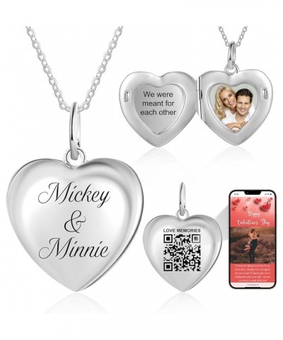 Personalized Locket Necklace for Women Men Heart Silver Pendant That Hold Picture & Engraved QR Code Enable Custom Photo Albu...