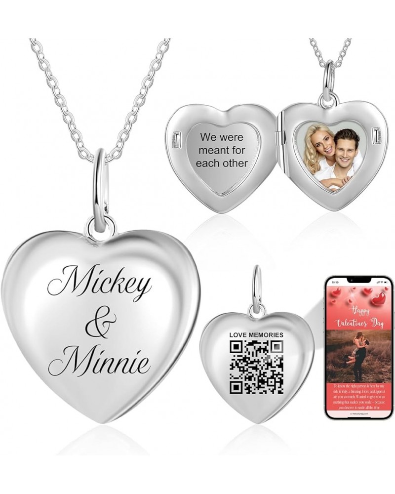 Personalized Locket Necklace for Women Men Heart Silver Pendant That Hold Picture & Engraved QR Code Enable Custom Photo Albu...