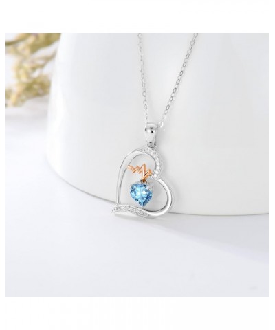 Love Heart Birthstone Necklaces for Women Sterling Silver Heartbeat Pendant Necklace with Gemstone Jewelry Gift for Mother Wi...