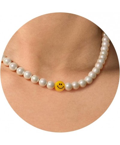 Pearls Necklaces for Women Men Smiley Face Pendant Necklace for Women Y2k Fashion Cute Smiley Toggle 8mm Pearls Necklace for ...