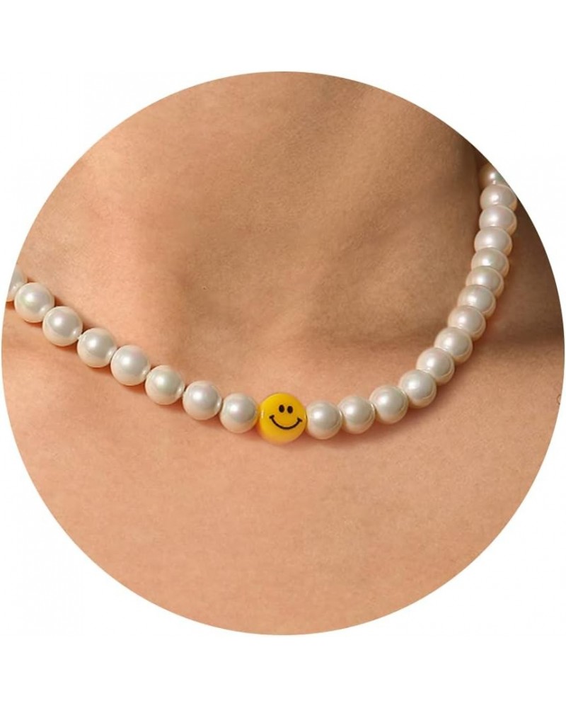 Pearls Necklaces for Women Men Smiley Face Pendant Necklace for Women Y2k Fashion Cute Smiley Toggle 8mm Pearls Necklace for ...