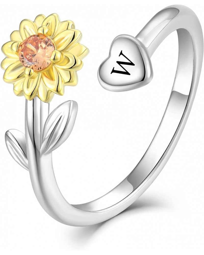 Sunflower Initial Ring for Women 925 Sterling Silver Letters A-Z 26 Alphabet Adjustable Ring Size 7 W $28.79 Rings