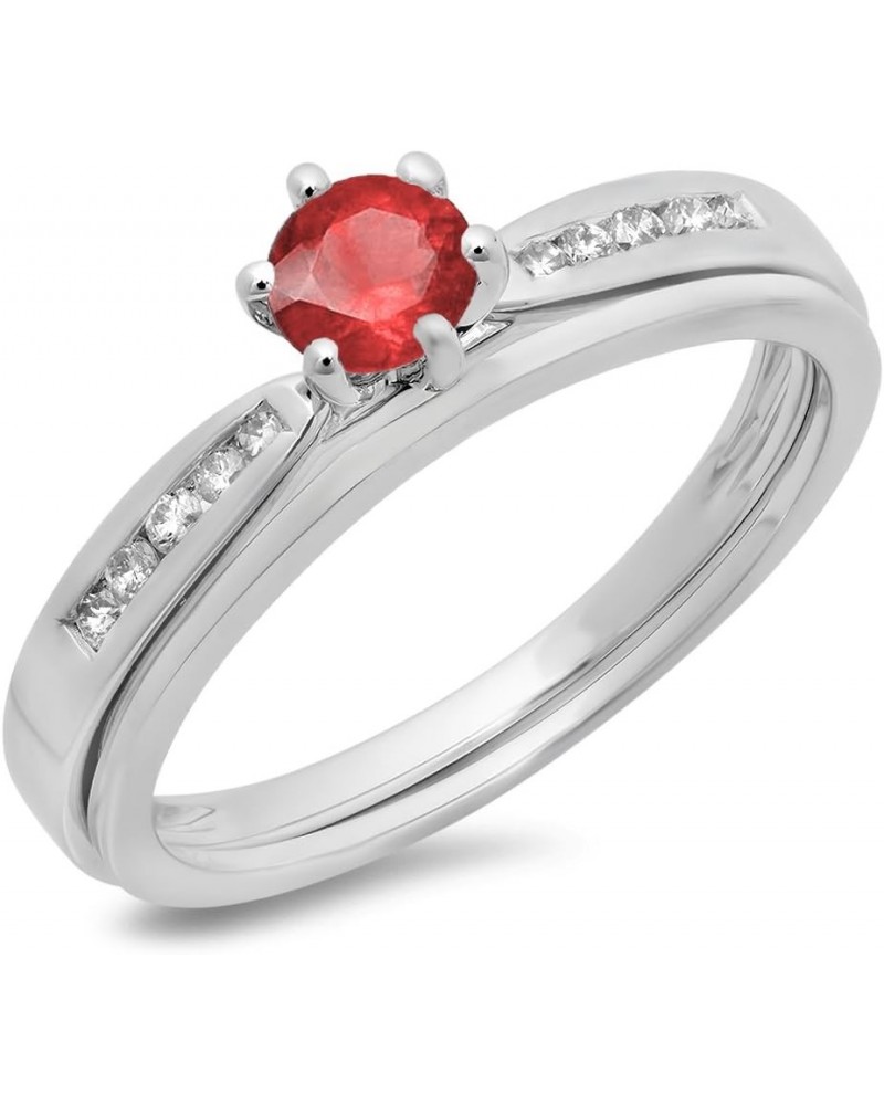 14K Gold Round Cut Ruby & White Diamond Ladies Bridal Engagement Ring With Matching Band Set white-gold $234.81 Others