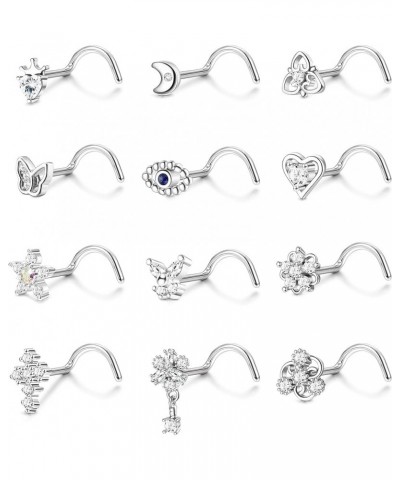 12Pcs 20G Nose Ring Stud L Shape Screw Nose Studs Butterfly Heart Cross Eyil Eye Moon Nose Rings Nose Bone Piercing Nose Stud...