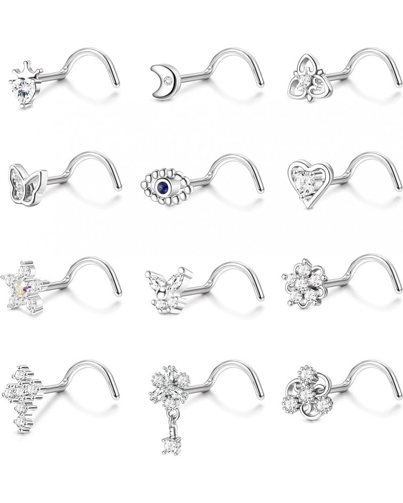 12Pcs 20G Nose Ring Stud L Shape Screw Nose Studs Butterfly Heart Cross Eyil Eye Moon Nose Rings Nose Bone Piercing Nose Stud...